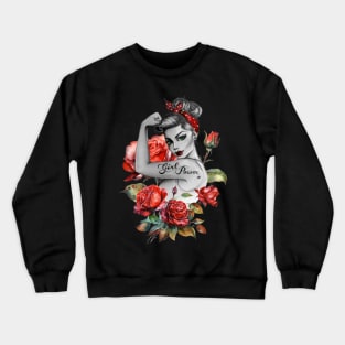 Red Roses and Ladybug Girl Power by Anne Cha Modern Rosie the Riveter Crewneck Sweatshirt